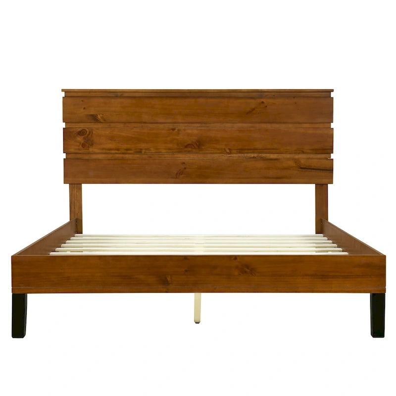 Cadre de lit plateforme en bois massif style Mid-Century Modern avec tête de lit en 3 parties