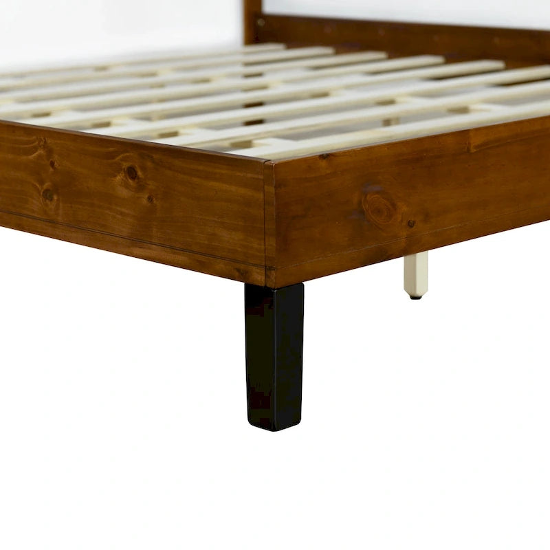 Cadre de lit plateforme en bois massif style Mid-Century Modern avec tête de lit en 3 parties