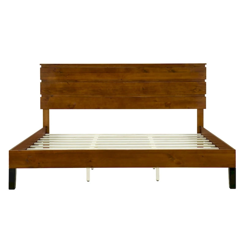 Cadre de lit plateforme en bois massif style Mid-Century Modern avec tête de lit en 3 parties