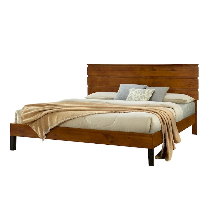 Cadre de lit plateforme en bois massif style Mid-Century Modern avec tête de lit en 3 parties
