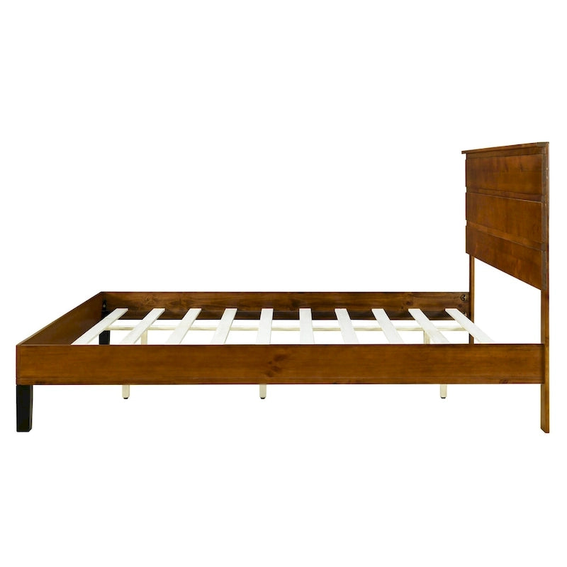 Cadre de lit plateforme en bois massif style Mid-Century Modern avec tête de lit en 3 parties