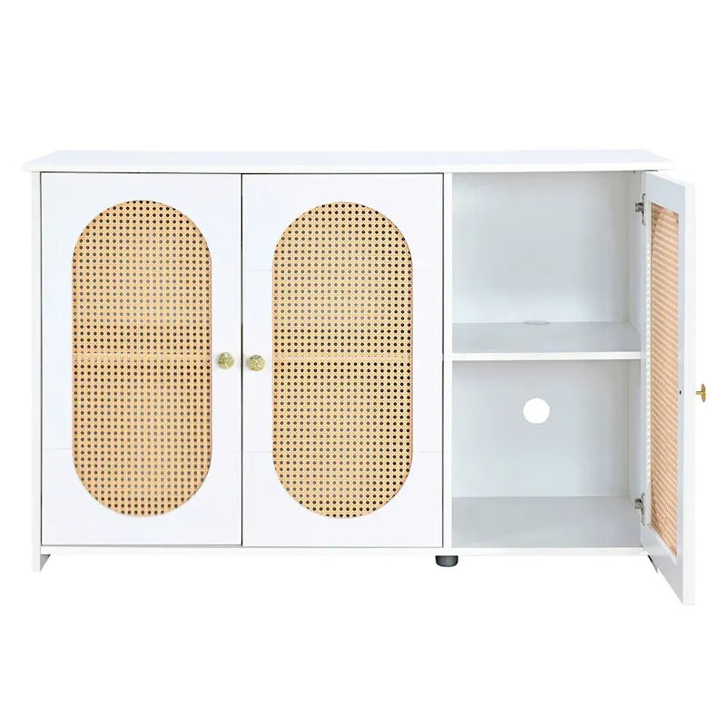 Bahut rétro à 3 portes avec portes en rotin et poignées métalliques