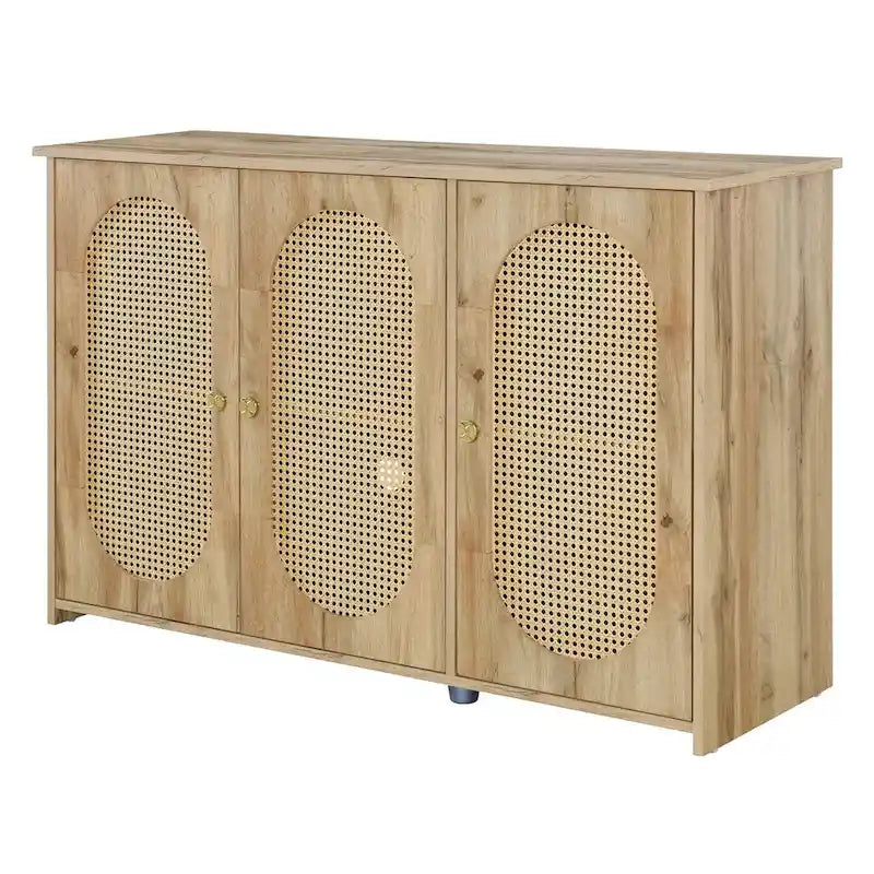 Bahut rétro à 3 portes avec portes en rotin et poignées métalliques